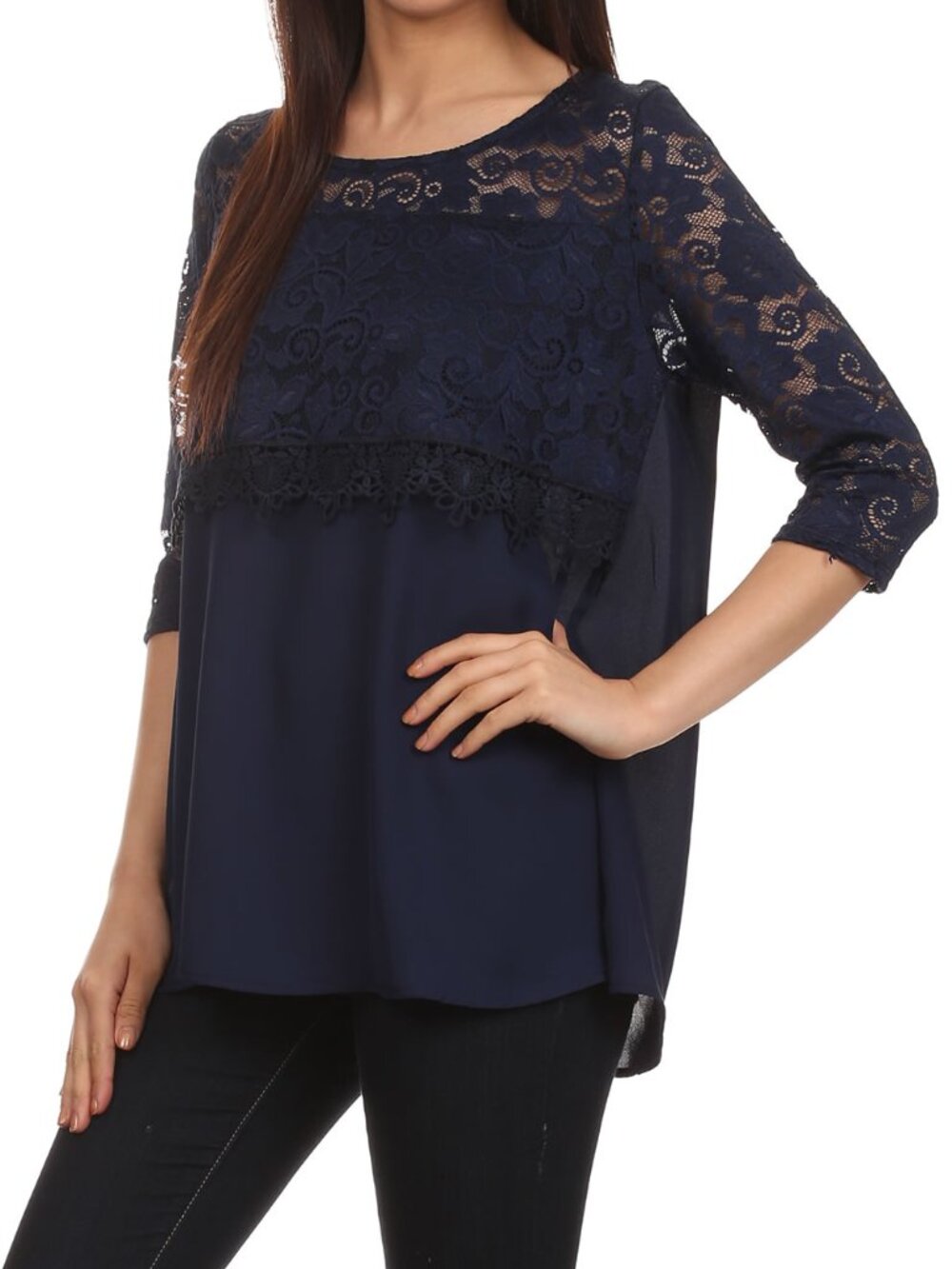 Blouse 3/4 Sleeve Round Neck lace trim - 50% Off!